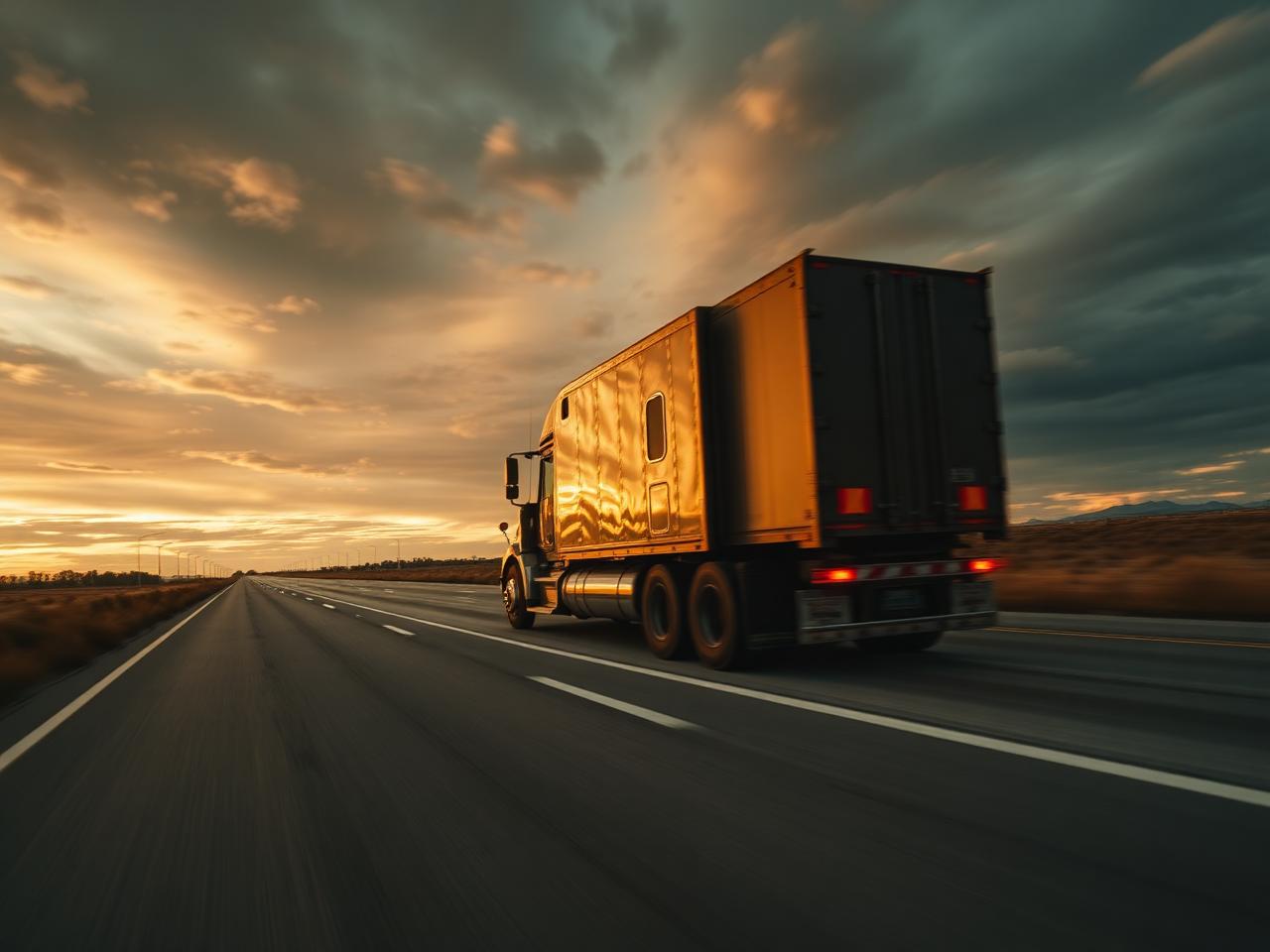 Semi truck on highway at golden hour